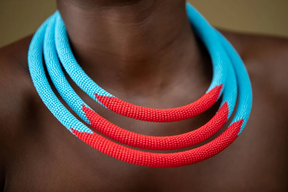 1 Blue & Red  Handmade Maasai Beaded Necklace – Bulk Order | African Handmade Products Wholesale