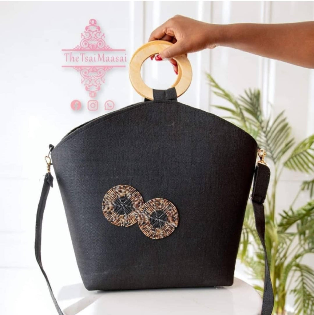 TOOS wood ball handbag(black) Black Jute Handbag with Wooden