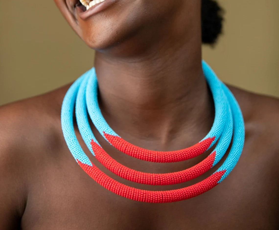 1 Blue & Red  Handmade Maasai Beaded Necklace – Bulk Order | African Handmade Products Wholesale